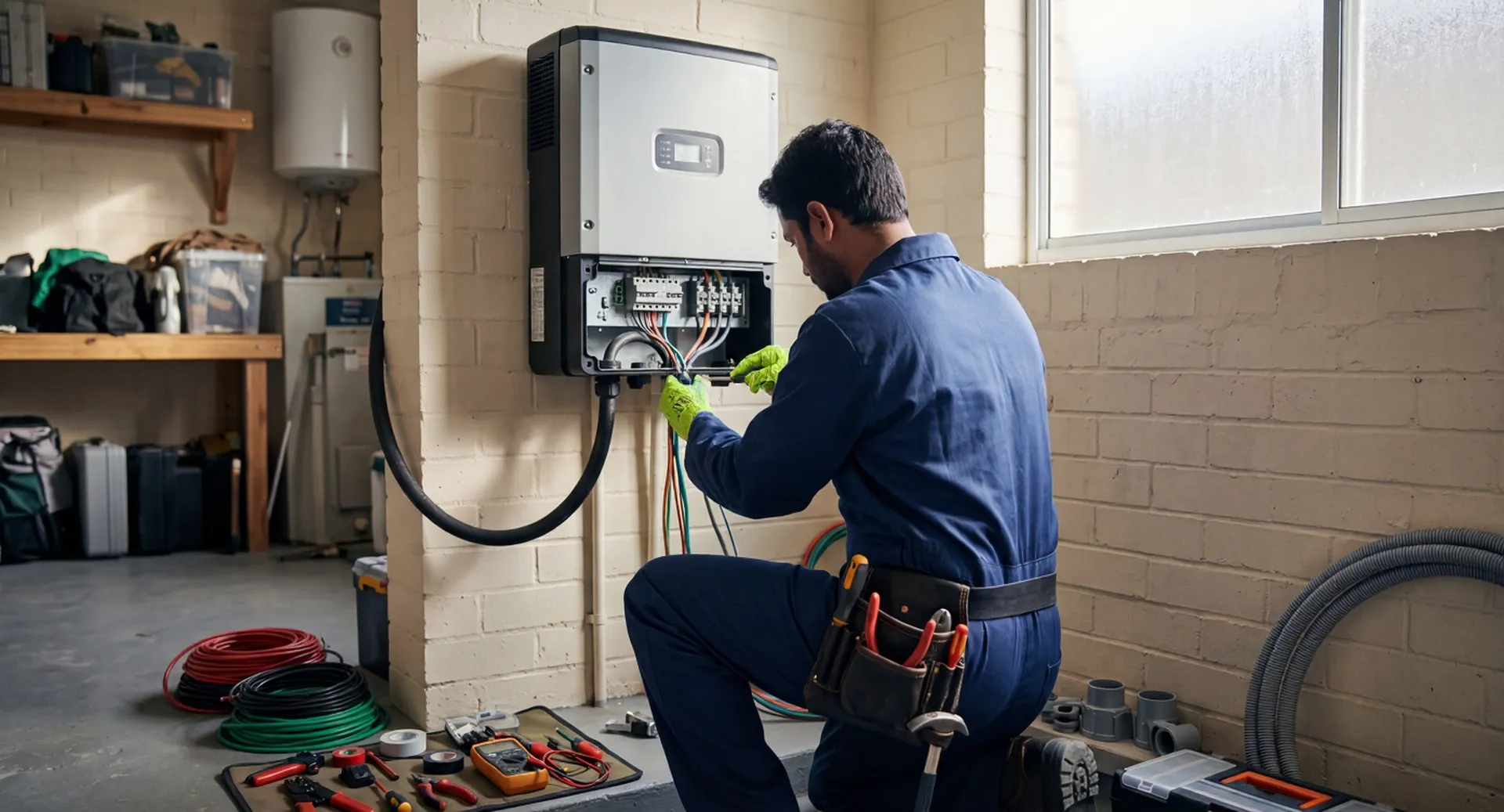 Solar technician installing and wiring a residential inverter